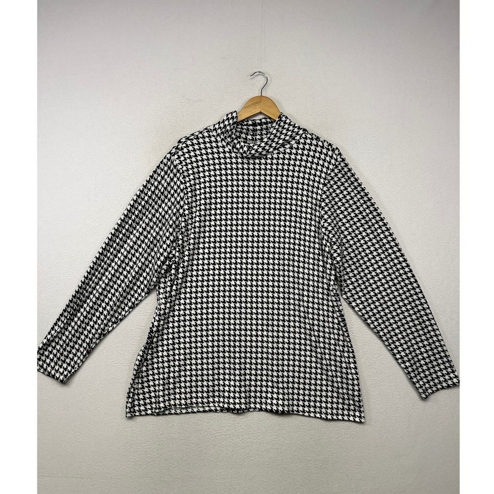 Dark Academia Inner Circle Women 3X Black White Houndstooth Mock Neck Top